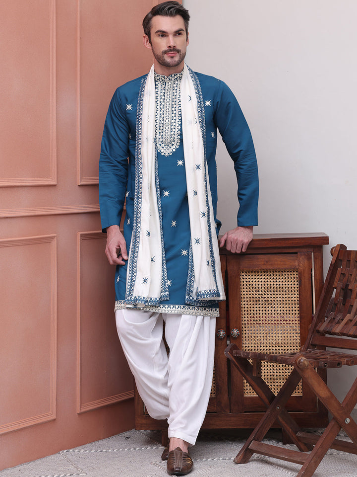Embroidered Blue Silk Blend Kurta Salwar And Dupatta Set For Men