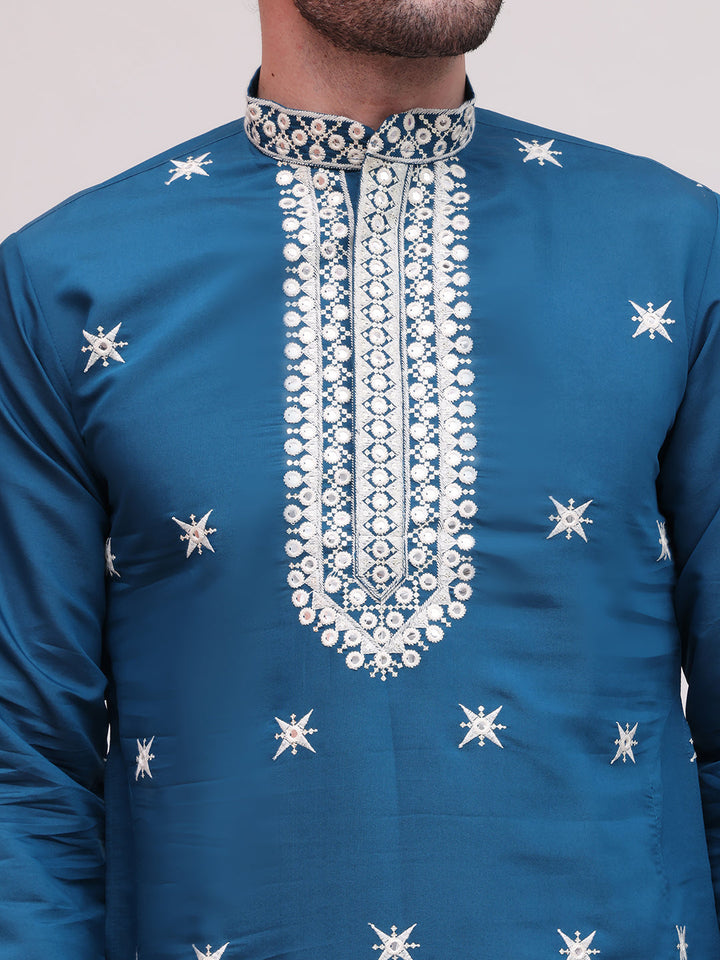 Embroidered Blue Silk Blend Kurta Salwar And Dupatta Set For Men