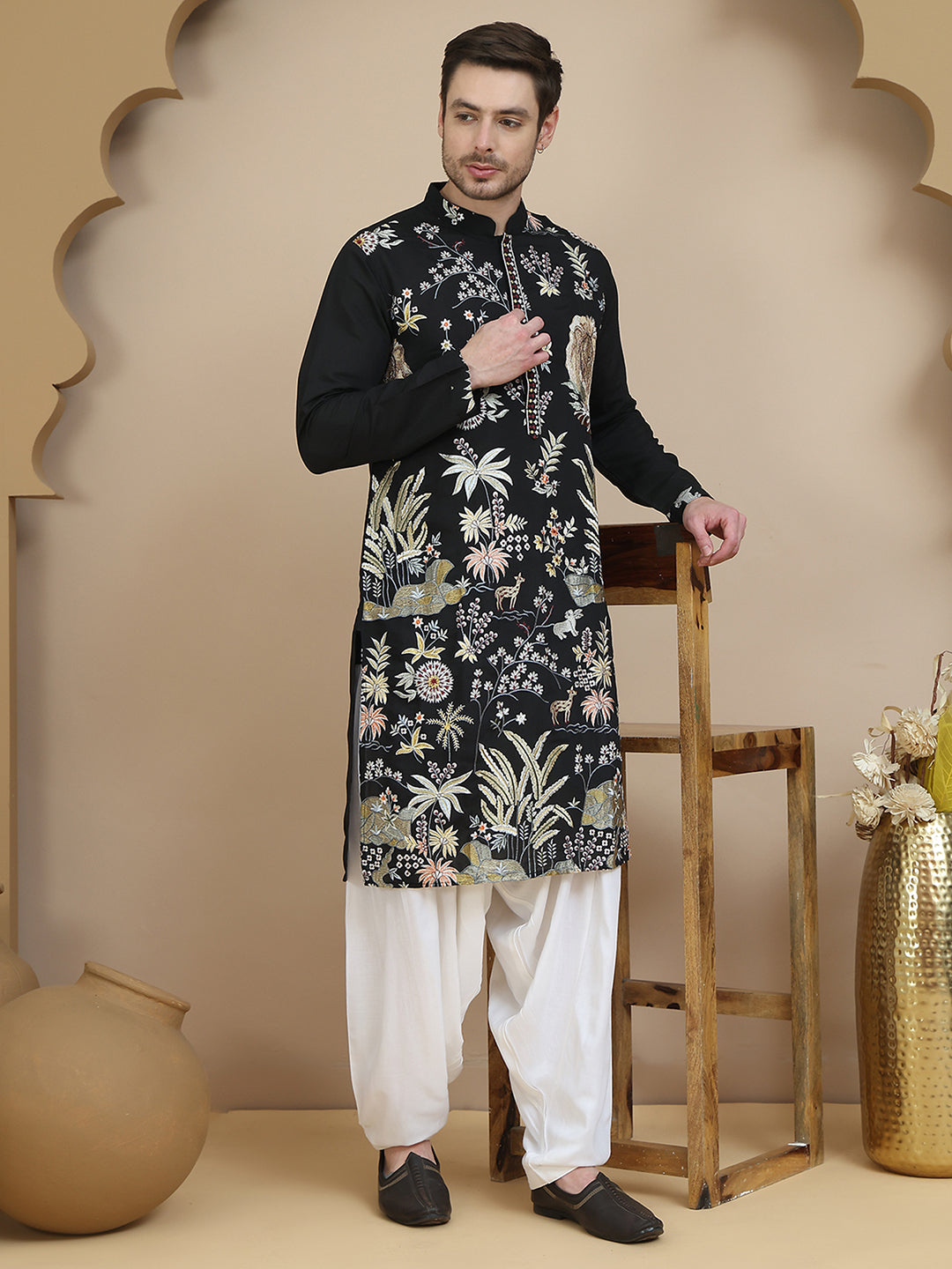 Embroidered Silk Blend Kurta With Salwar