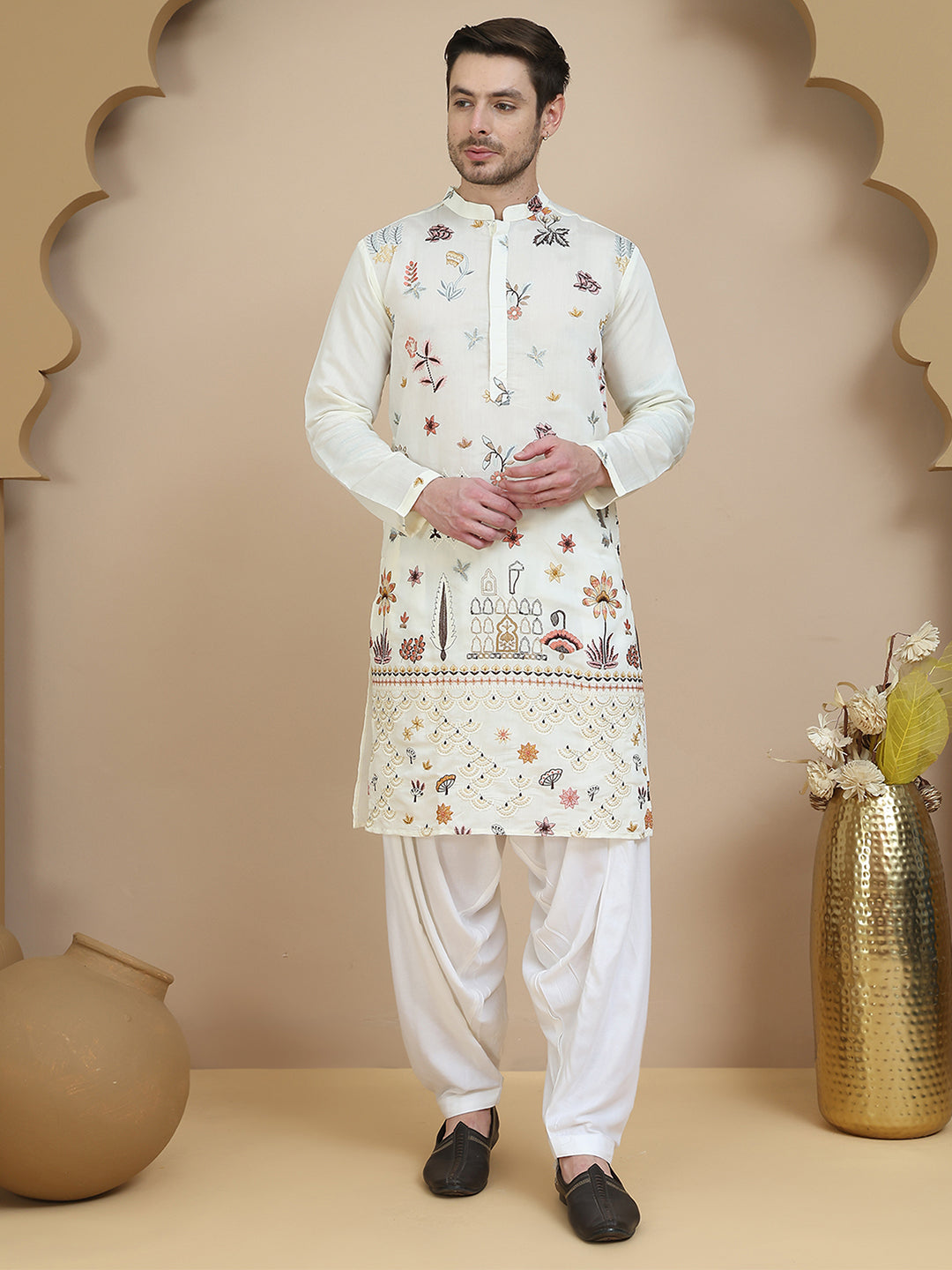 Embroidered Silk Blend Kurta With White Salwar