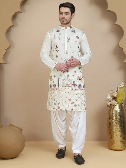 Embroidered Silk Blend Kurta With White Salwar
