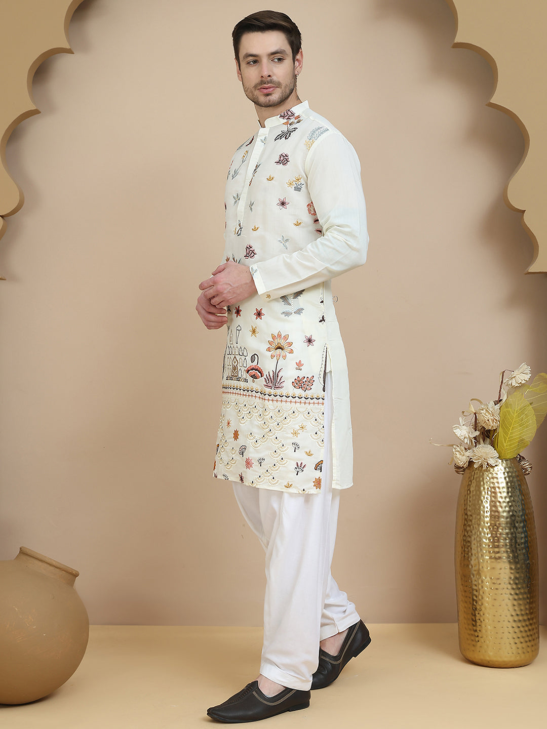 Embroidered Silk Blend Kurta With White Salwar