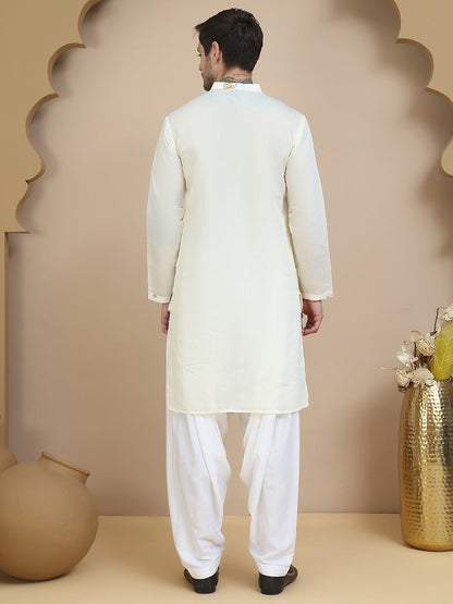 Embroidered Silk Blend Kurta With White Salwar