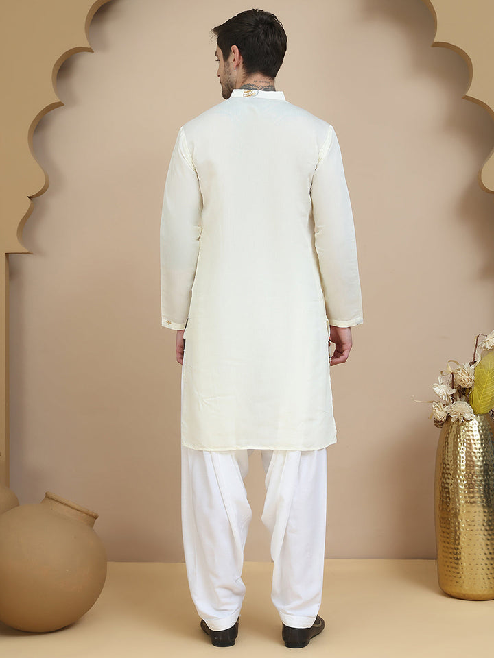 Embroidered Silk Blend Kurta With White Salwar