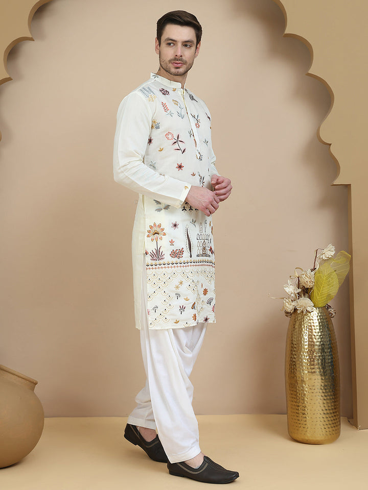 Embroidered Silk Blend Kurta With White Salwar