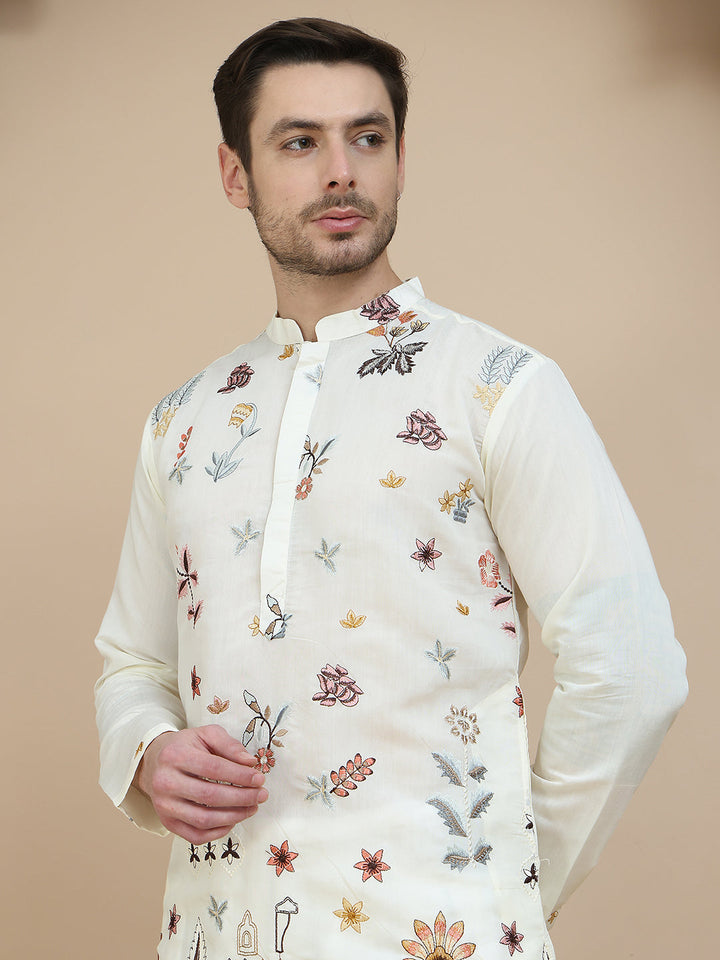 Embroidered Silk Blend Kurta With White Salwar