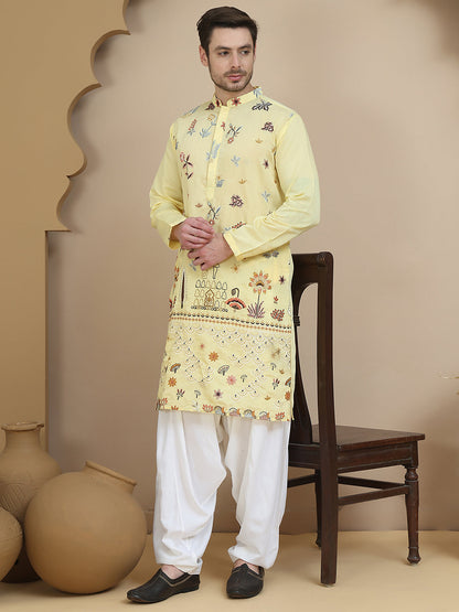 Embroidered Silk Blend Kurta With White Salwar