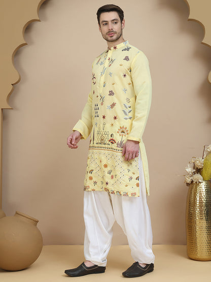 Embroidered Silk Blend Kurta With White Salwar