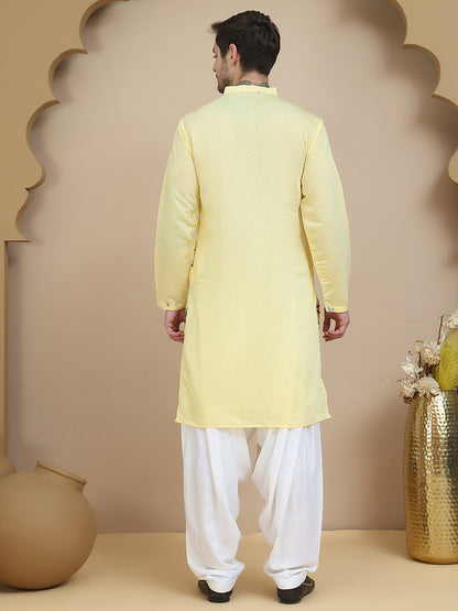 Embroidered Silk Blend Kurta With White Salwar