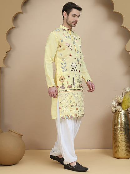 Embroidered Silk Blend Kurta With White Salwar