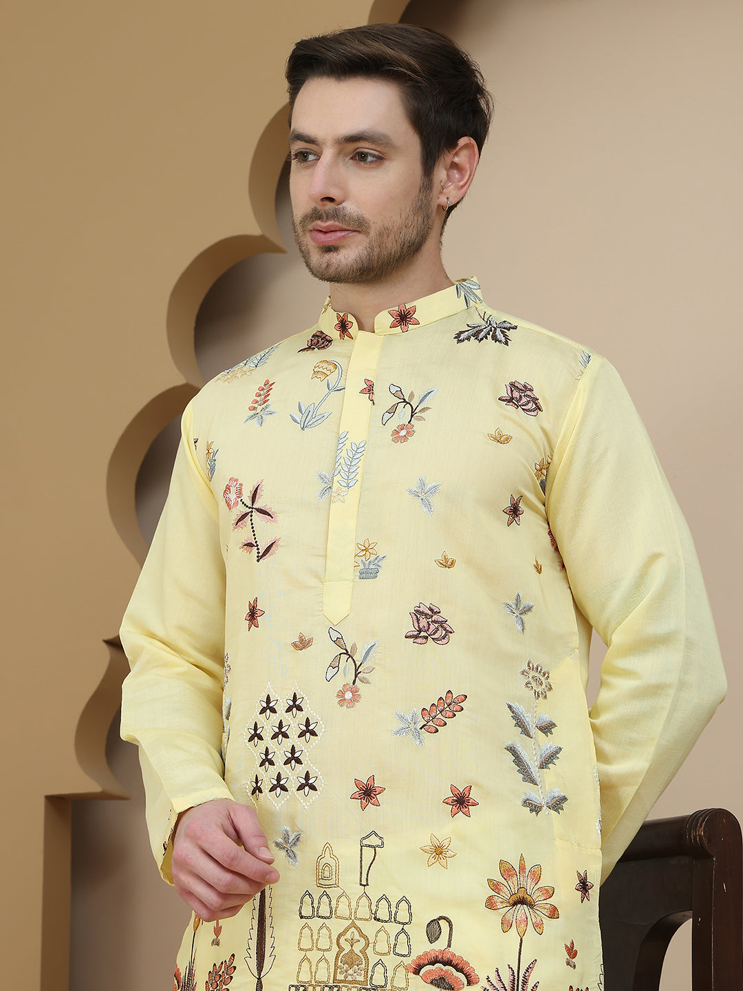Embroidered Silk Blend Kurta With White Salwar