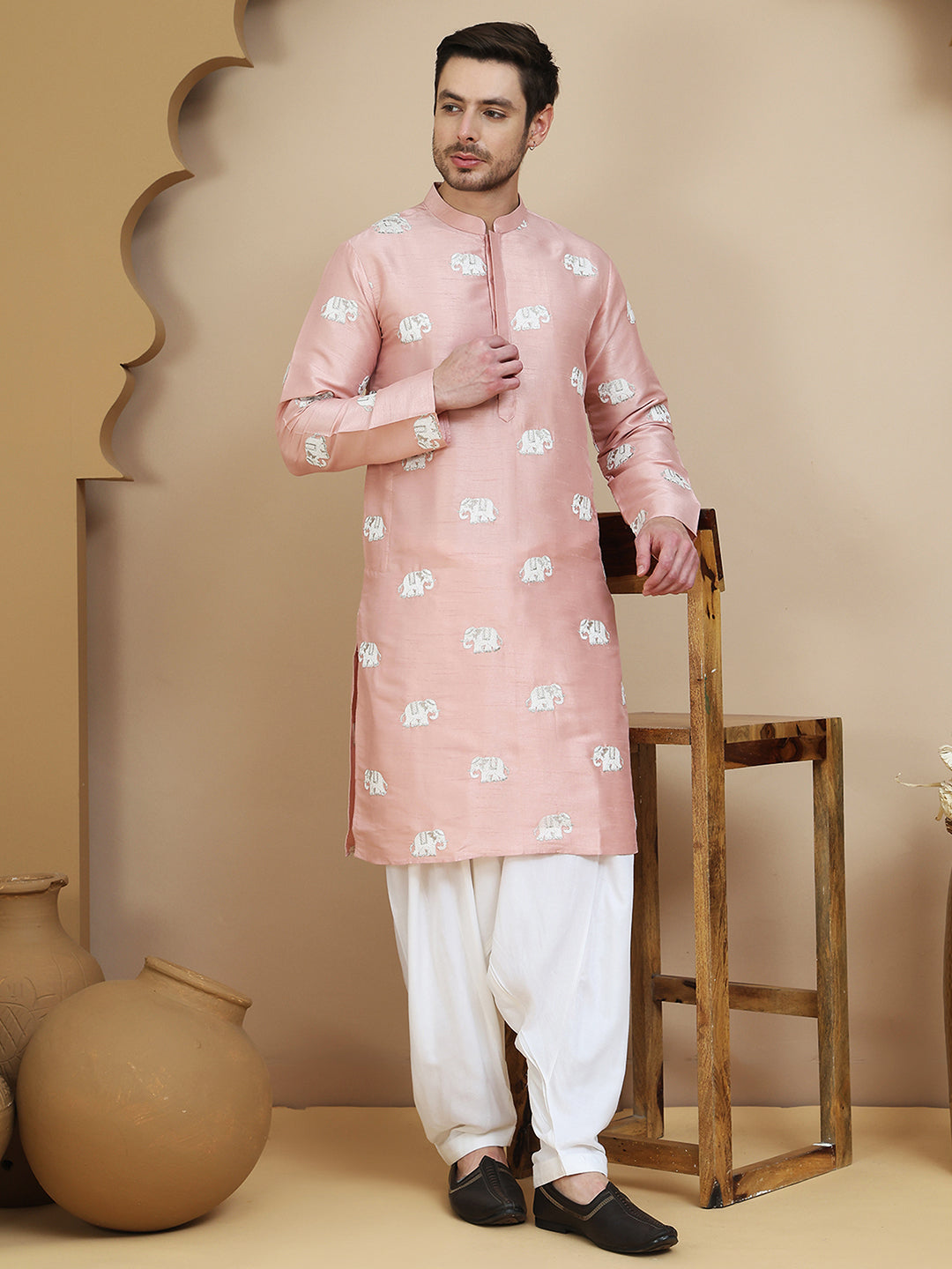 Elephant Embroidered Silk Blend Kurta Set For Men
