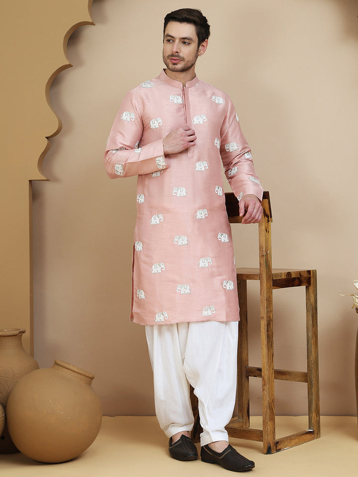 Elephant Embroidered Silk Blend Kurta Set For Men