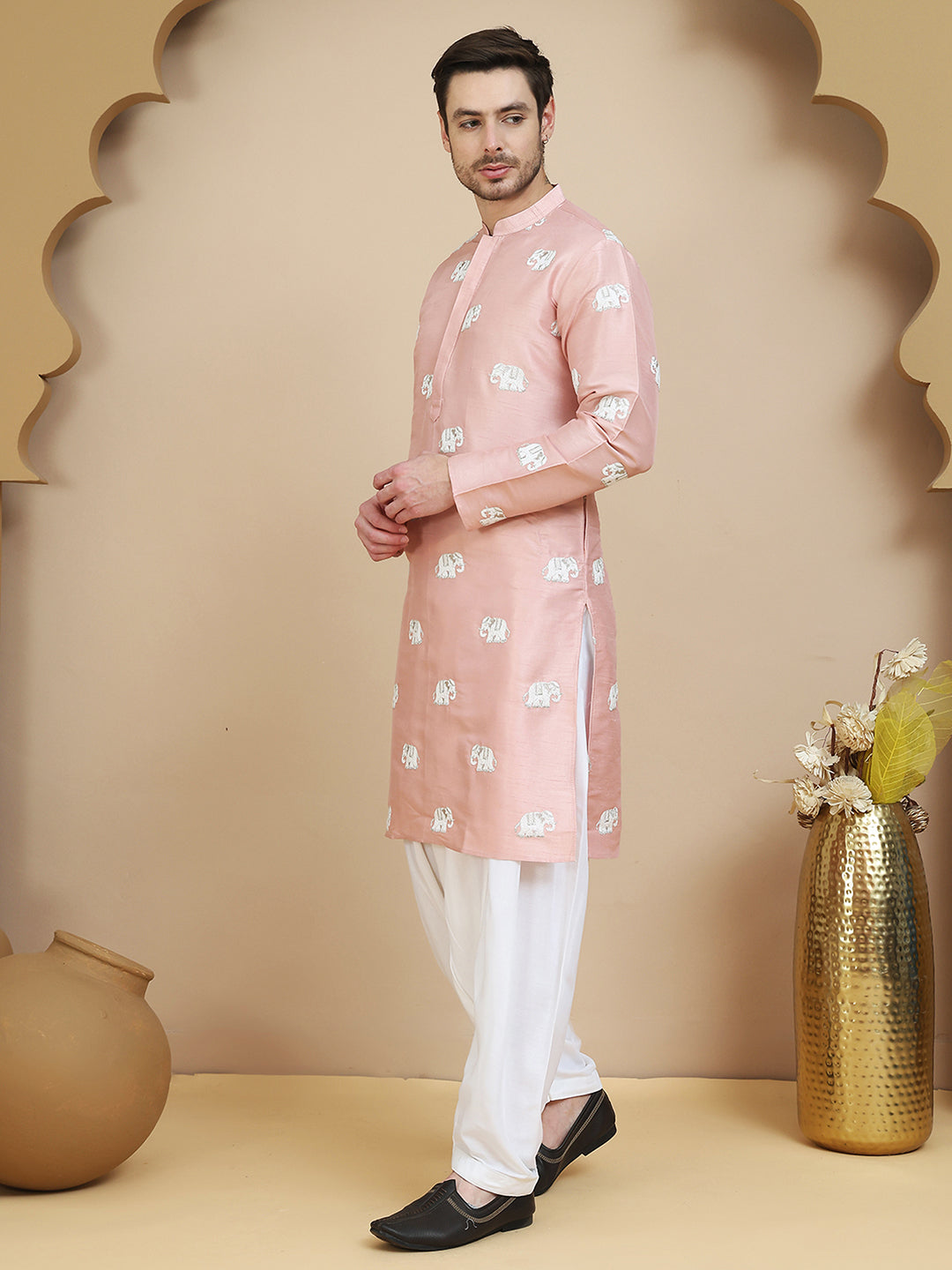 Elephant Embroidered Silk Blend Kurta Set For Men