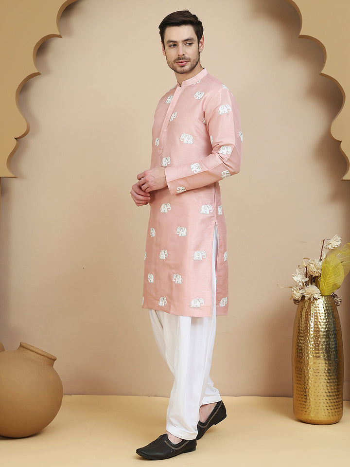Elephant Embroidered Silk Blend Kurta Set For Men