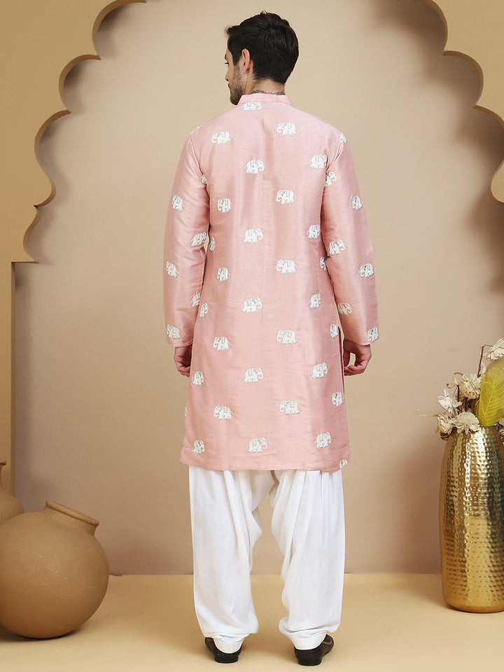 Elephant Embroidered Silk Blend Kurta Set For Men