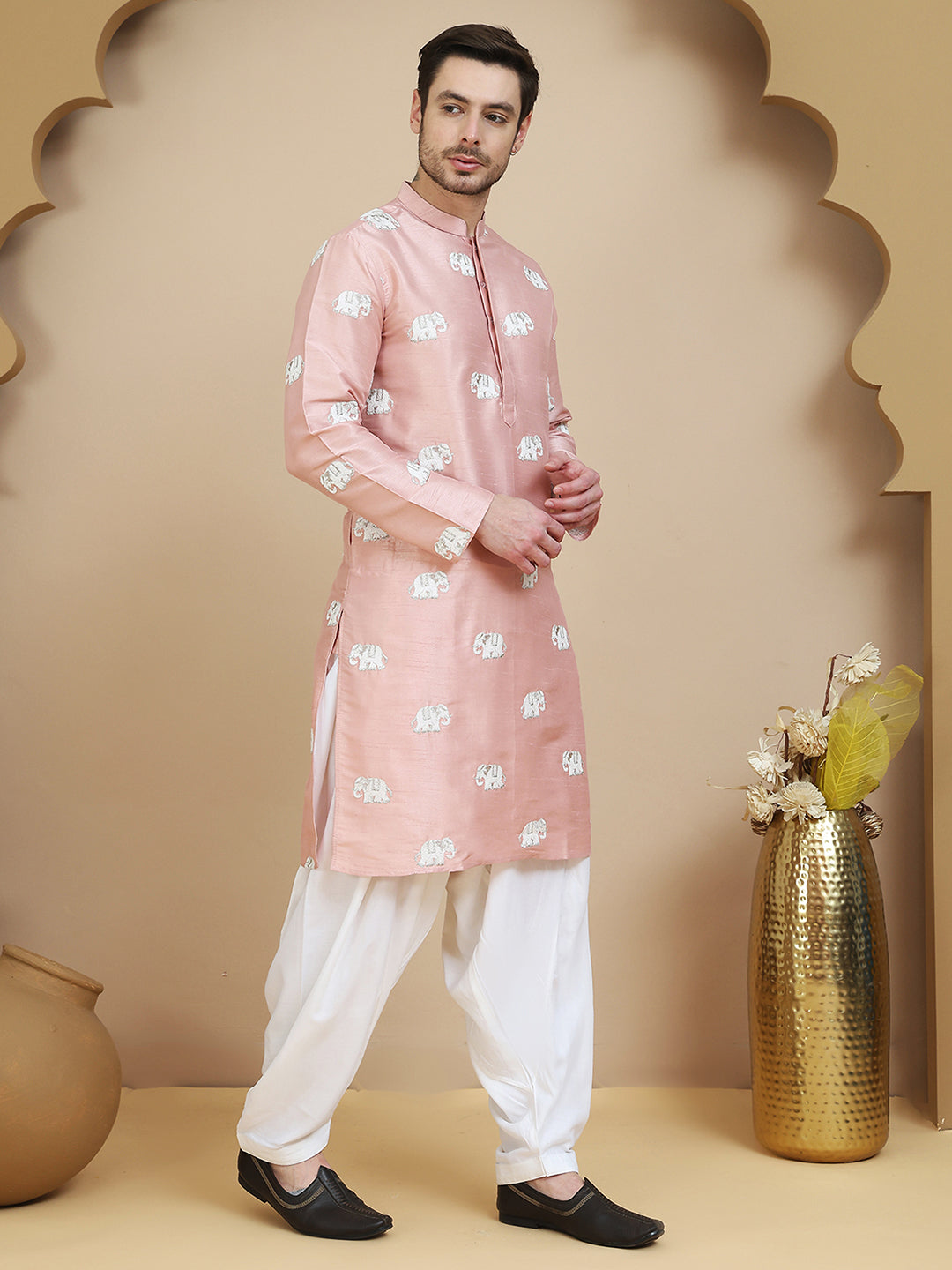 Elephant Embroidered Silk Blend Kurta Set For Men