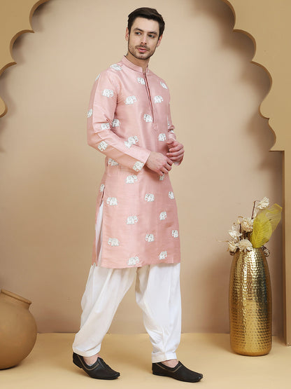 Elephant Embroidered Silk Blend Kurta Set For Men