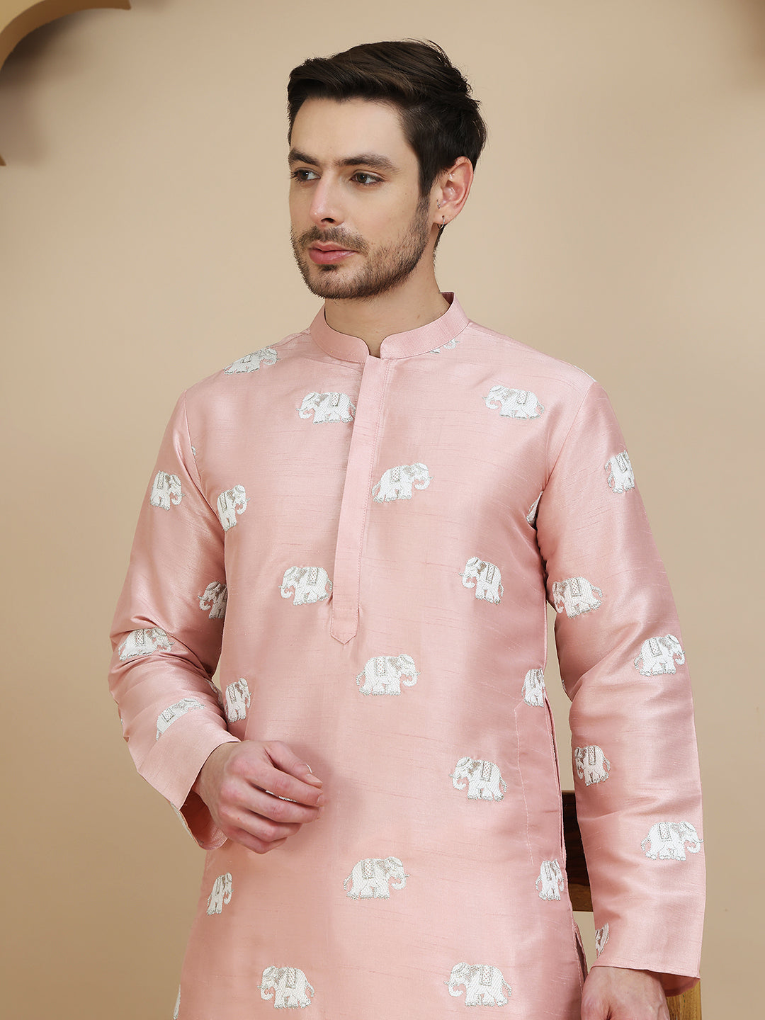 Elephant Embroidered Silk Blend Kurta Set For Men