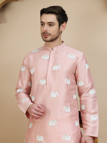 Elephant Embroidered Silk Blend Kurta Set For Men