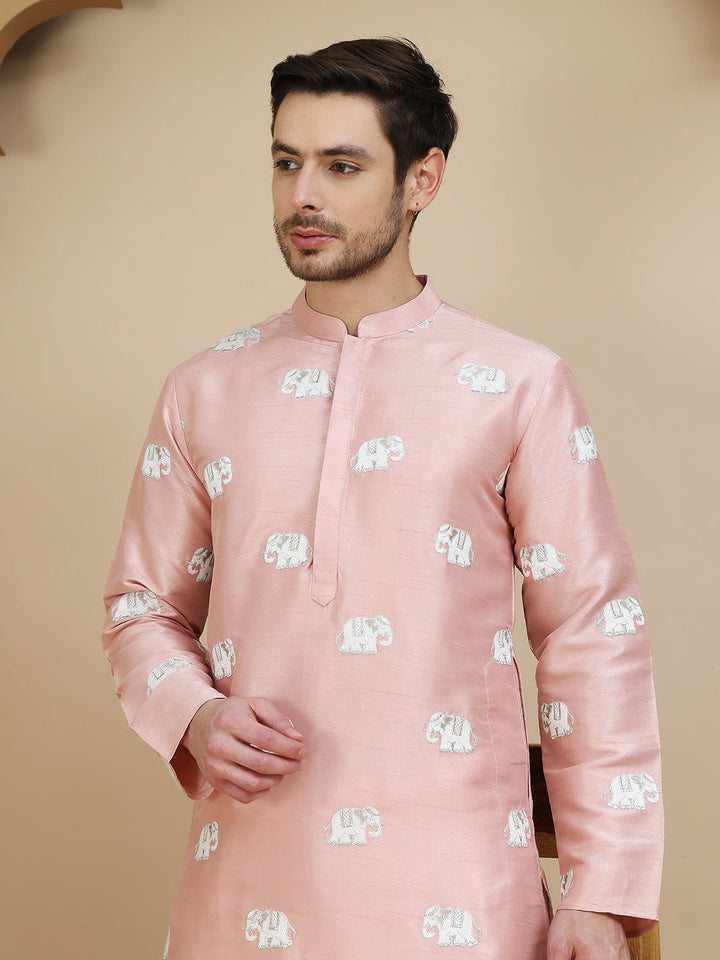 Elephant Embroidered Silk Blend Kurta Set For Men