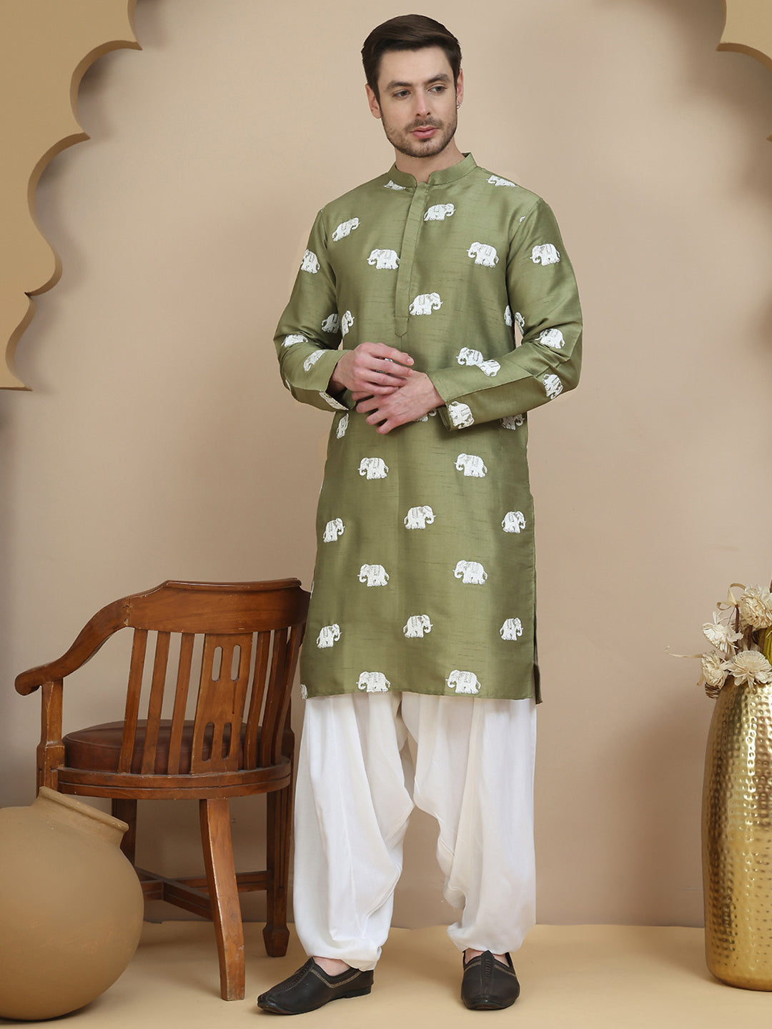 Elephant Embroidered Silk Blend Kurta Set For Men