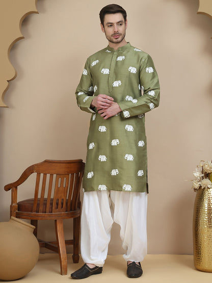 Elephant Embroidered Silk Blend Kurta Set For Men