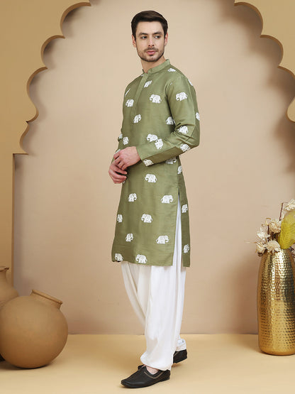 Elephant Embroidered Silk Blend Kurta Set For Men