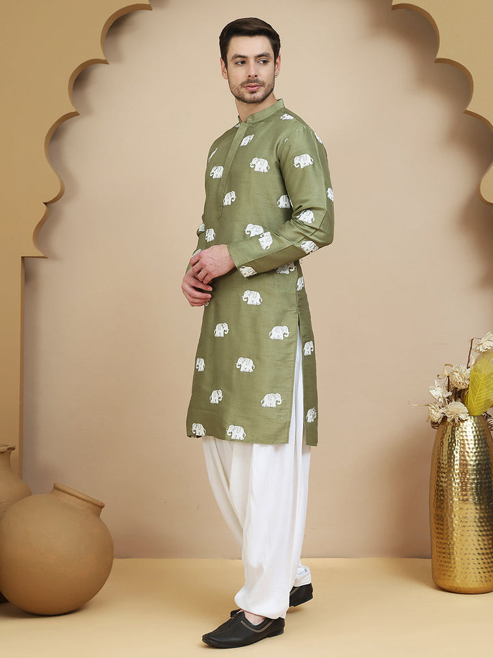 Elephant Embroidered Silk Blend Kurta Set For Men
