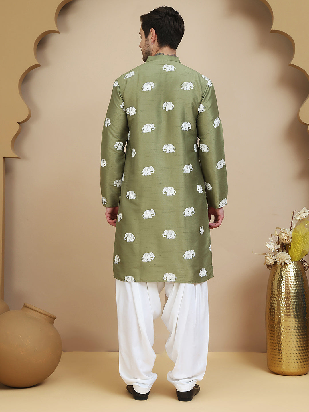 Elephant Embroidered Silk Blend Kurta Set For Men