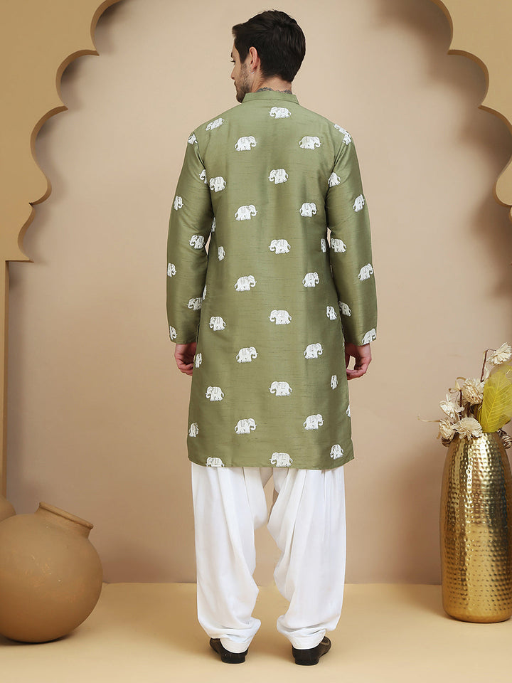 Elephant Embroidered Silk Blend Kurta Set For Men