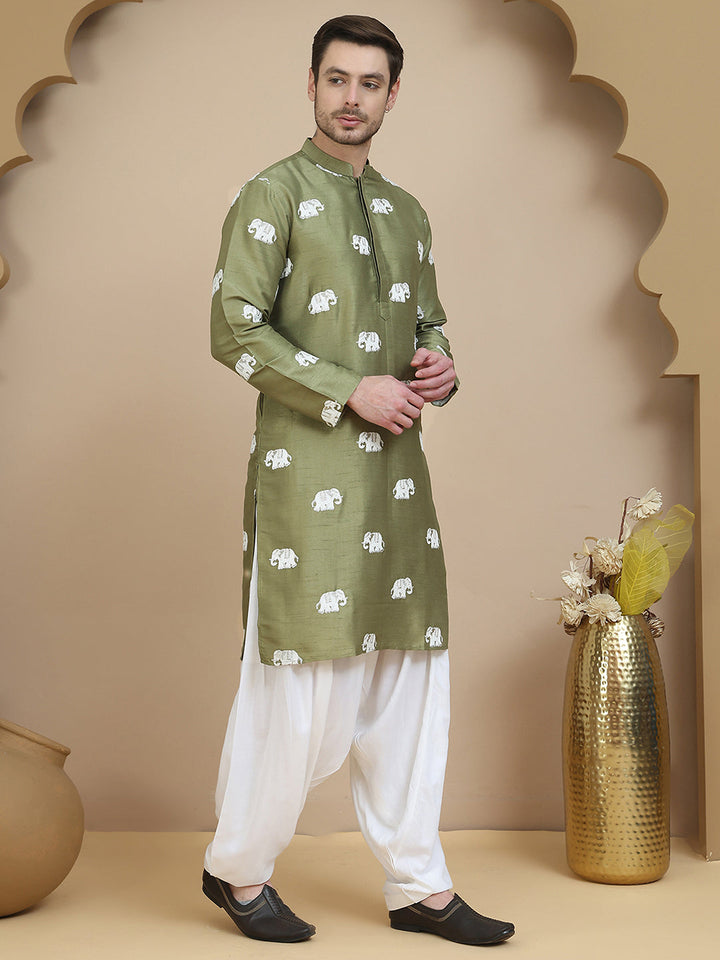 Elephant Embroidered Silk Blend Kurta Set For Men