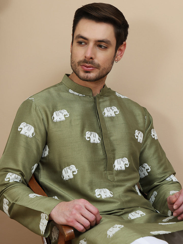 Elephant Embroidered Silk Blend Kurta Set For Men