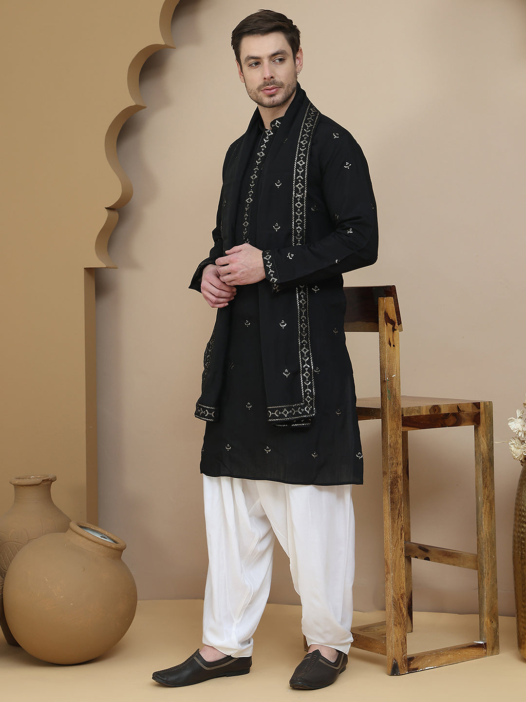 Embroidered Kurta Salwar And Dupatta Set For Men
