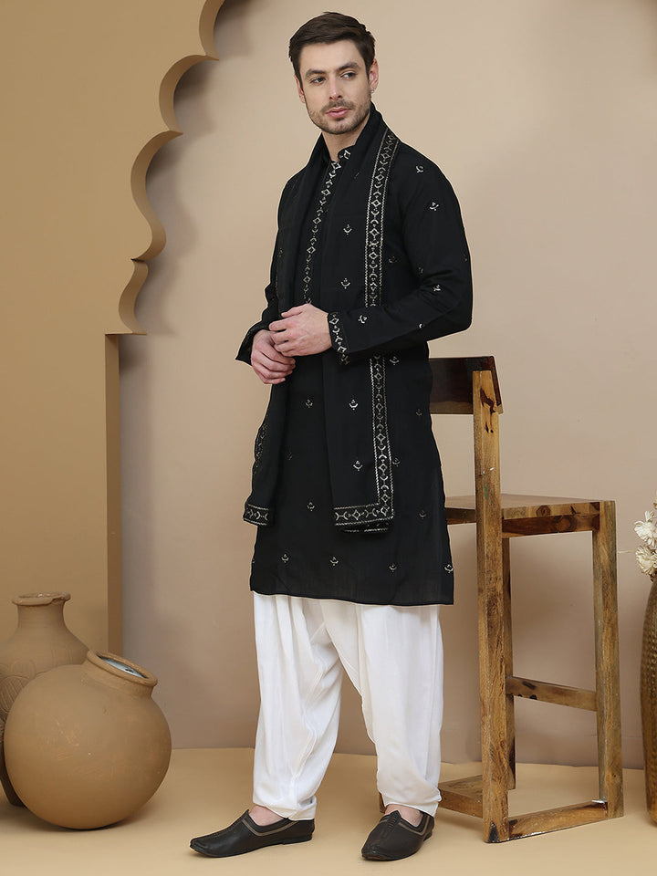 Embroidered Kurta Salwar And Dupatta Set For Men