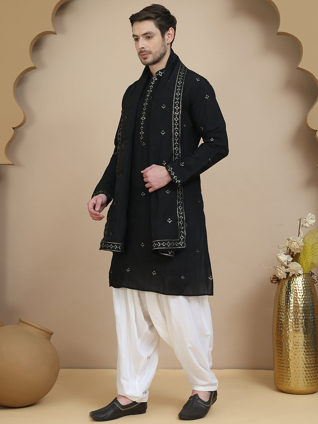 Embroidered Kurta Salwar And Dupatta Set For Men