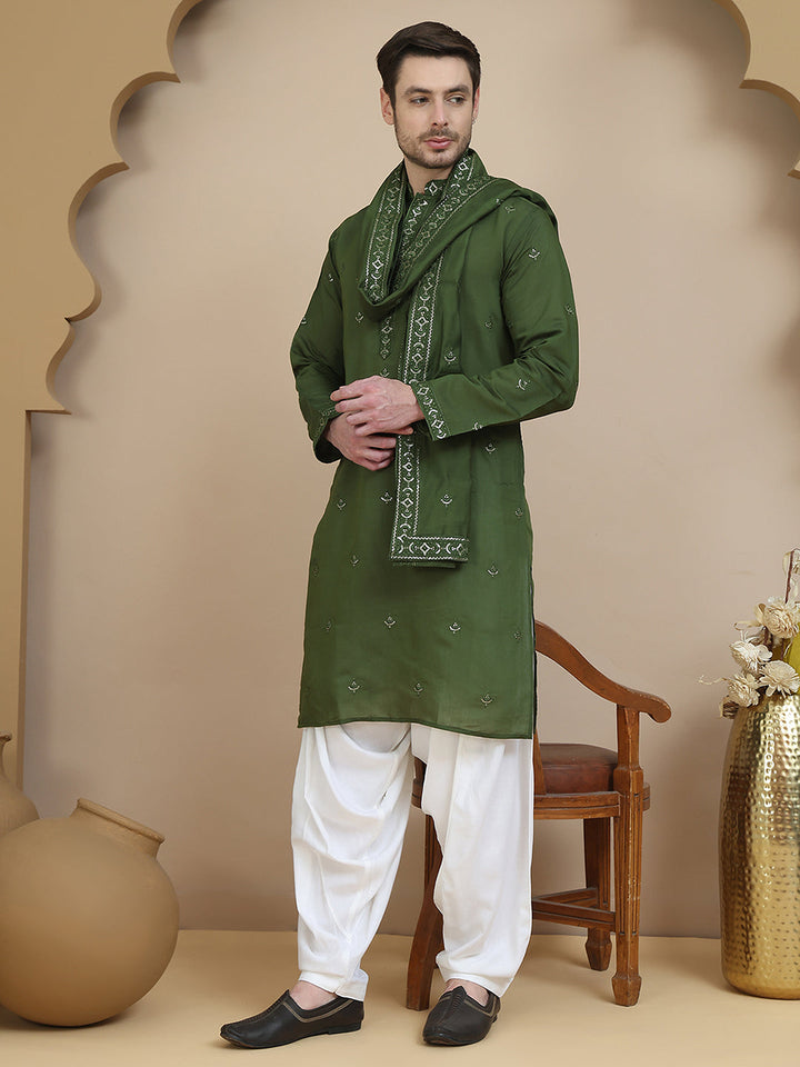Embroidered Kurta Salwar And Dupatta Set For Men