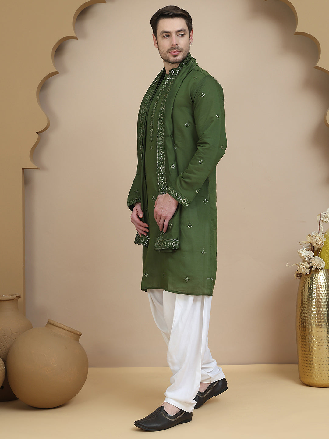 Embroidered Kurta Salwar And Dupatta Set For Men