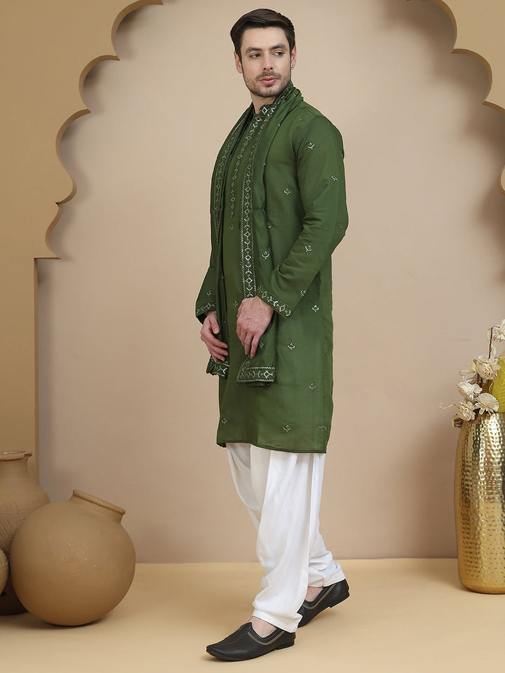 Embroidered Kurta Salwar And Dupatta Set For Men