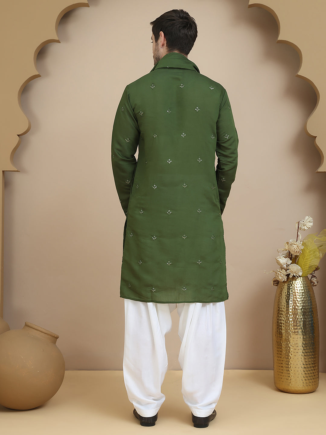 Embroidered Kurta Salwar And Dupatta Set For Men