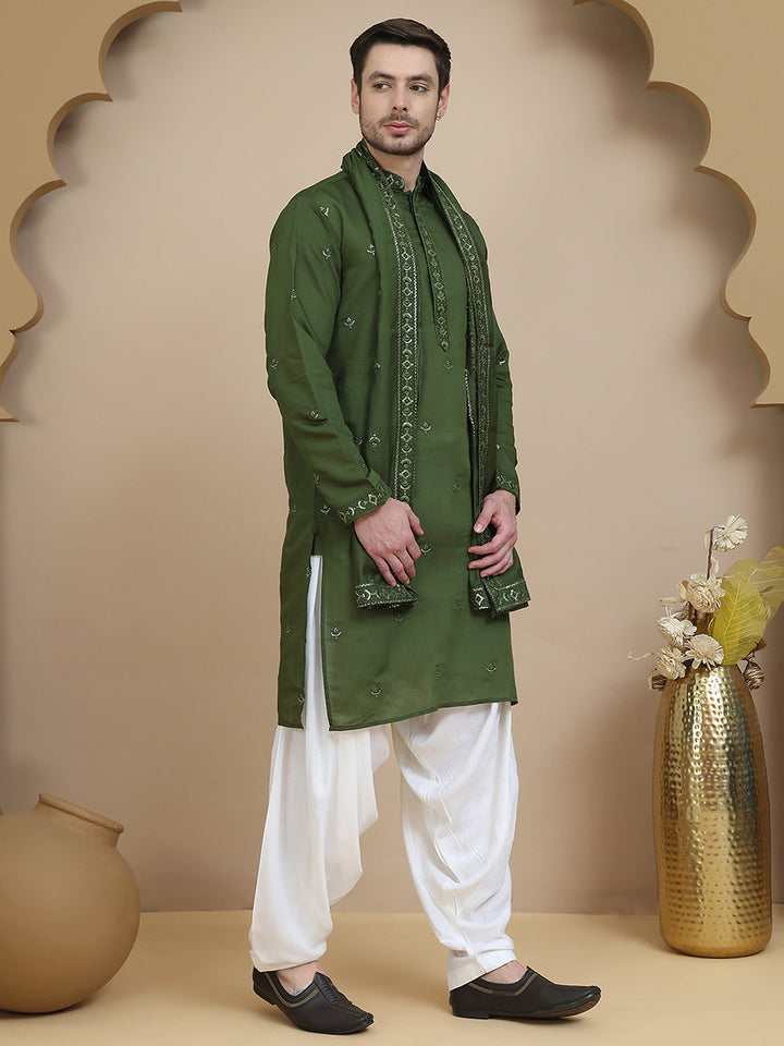 Embroidered Kurta Salwar And Dupatta Set For Men