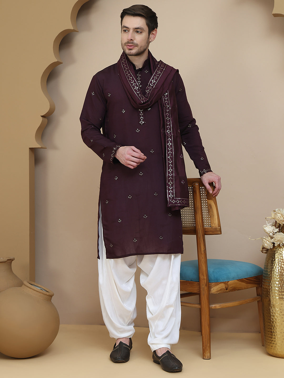 Embroidered Kurta Salwar And Dupatta Set For Men