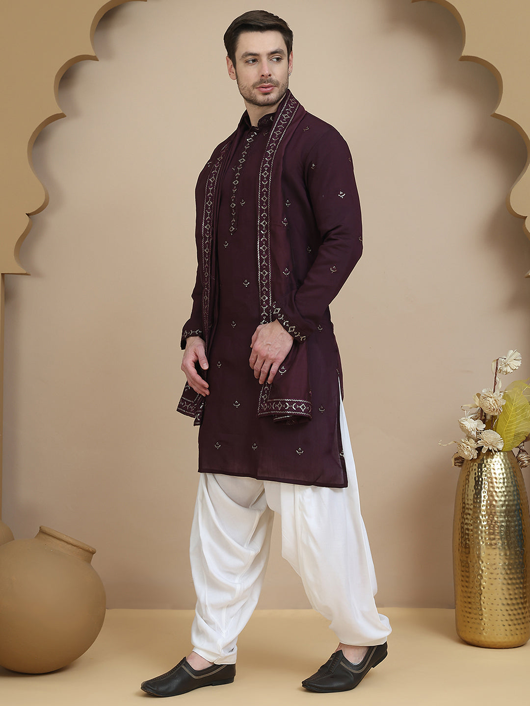 Embroidered Kurta Salwar And Dupatta Set For Men