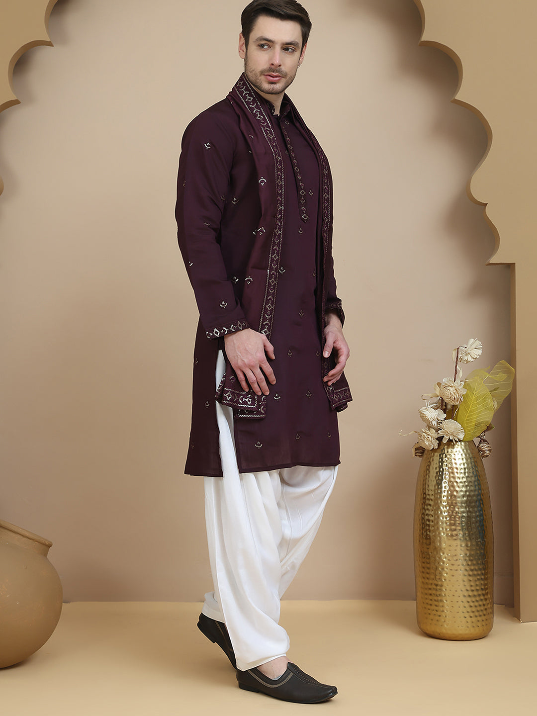 Embroidered Kurta Salwar And Dupatta Set For Men