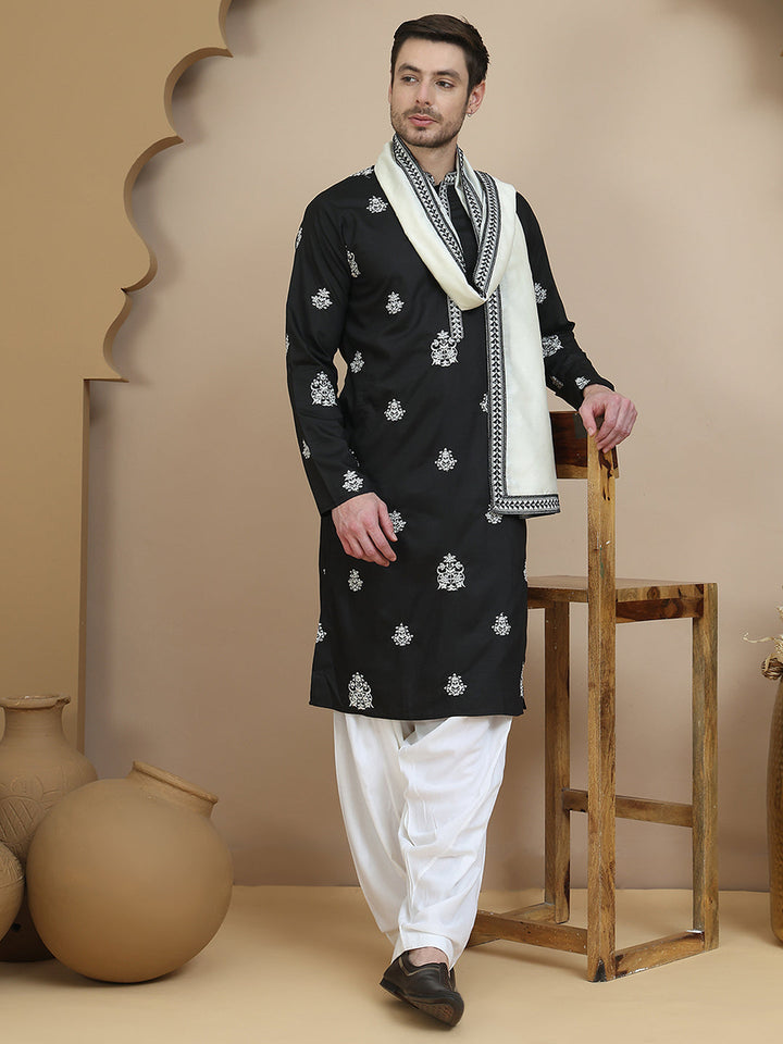Black Embroidered Kurta Salwar &amp; Dupatta Set,