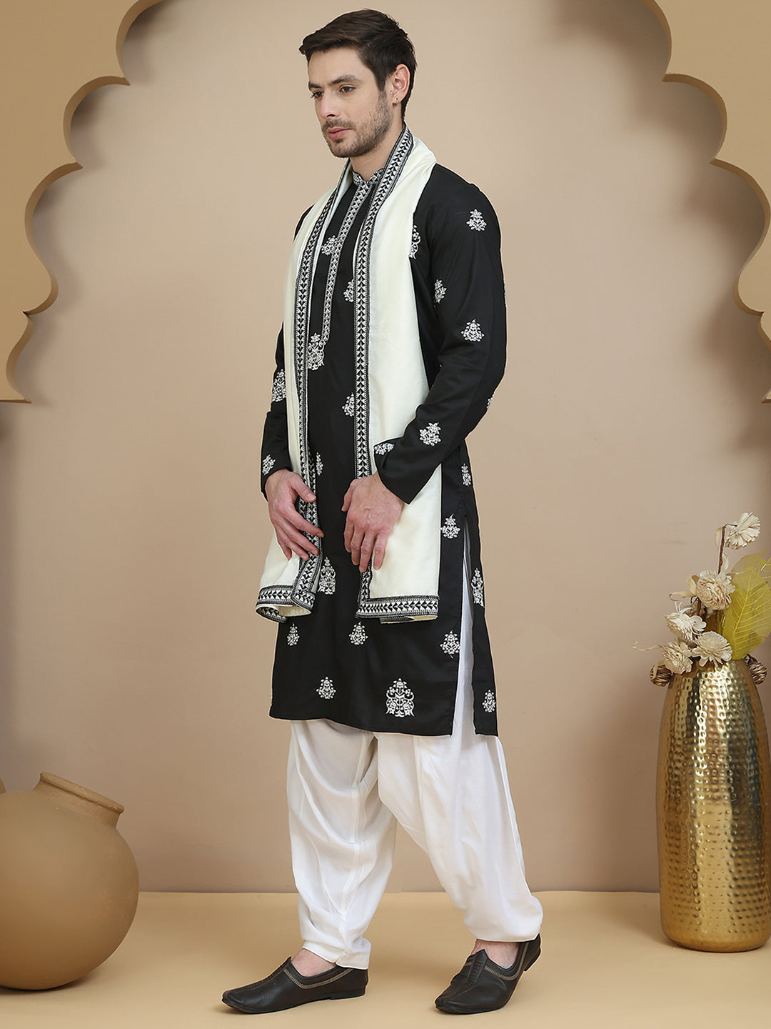 Black Embroidered Kurta Salwar &amp; Dupatta Set,