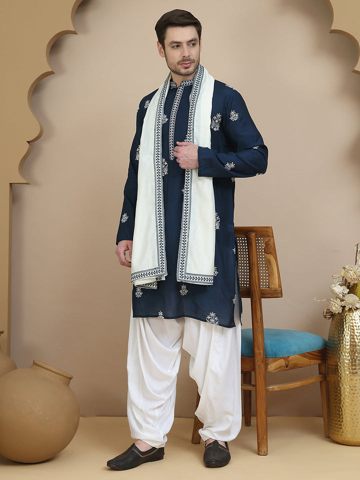Teal Embroidered Kurta Salwar &amp; Dupatta Set,