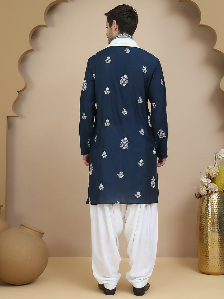 Teal Embroidered Kurta Salwar &amp; Dupatta Set,