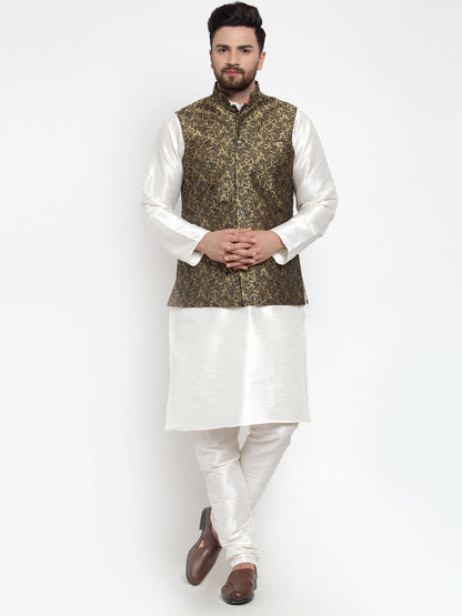 Men'S Solid Dupion Kurta Pajama With Woven Jacquard Waistcoat