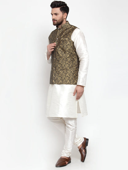 Men'S Solid Dupion Kurta Pajama With Woven Jacquard Waistcoat